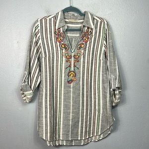 Soft Surroundings Embroidered Tab Sleeve V-Neck Tunic Top Small